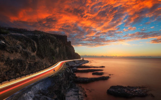 Sunset ocean road longexposure car - a long exposure free wallpaper