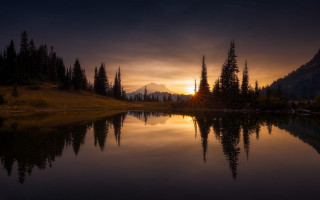 Lake mountains sunset reflection city - reflective free wallpaper