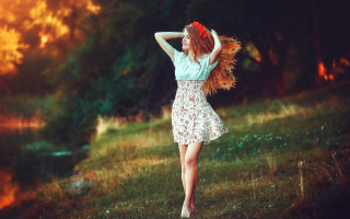 Woman flower field sunset impressionist - a field of grass and trees free wallpaper for desktop