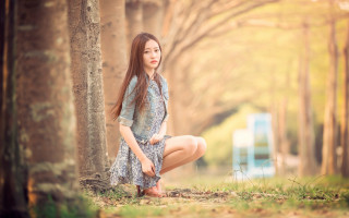 Woman kneeling woods bench nature - chen lin free wallpaper