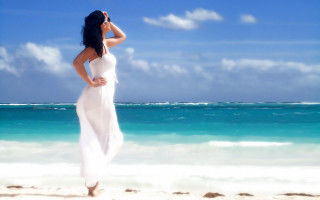 Woman beach white dress ocean - a cell phone free wallpaper