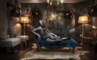 Woman blue couch lamp chandelier - aileen eagleton free wallpaper