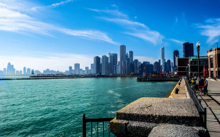 City skyline water pier beach - a few person free wallpaper for desktop