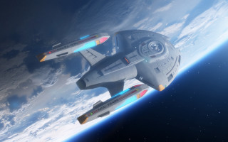 Spacecraft flying over planet night - the air over a planet free wallpaper