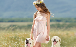 Girl dress dogs field mountains - two dog free wallpaper for desktop