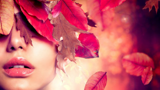 Woman red leaves red lipstick - red leaf free wallpaper for desktop