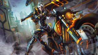 Futuristic woman motorcycle city smoke - league of legends concept art free wallpaper for desktop