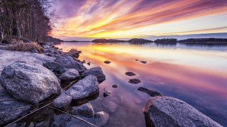 Sunset lake rocks trees colorful - a colorful sky above free wallpaper