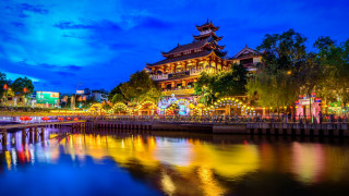 Castle tower river cityscape night - top of it next free wallpaper for desktop