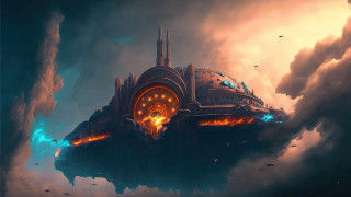 Futuristic city clock clouds birds - massive free wallpaper