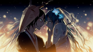 Anime hugging characters fire flower - their hair free wallpaper