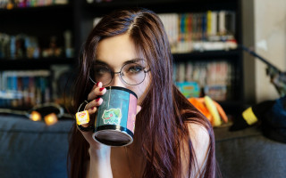 Woman glasses coffee bookshelf cat - the shelf free wallpaper