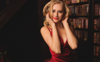 Red dress blonde woman library - a bookcase free wallpaper for desktop