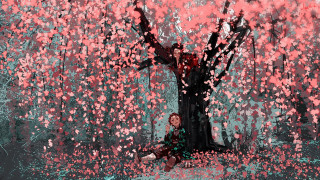 Woman sitting under pink leaves - atey ghailan free wallpaper