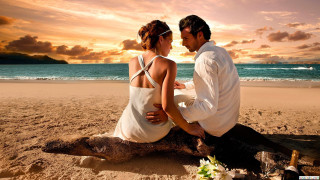 Man woman beach sunset log - the ocean in the background free wallpaper