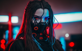 Cyberpunk woman gasmask redlights glowing - cyberpunk style free wallpaper