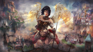 Woman wings armor sword citycastle - a castle in the background free wallpaper