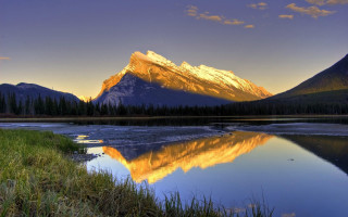 Mountain lake forest sunset bright - yellow light free wallpaper