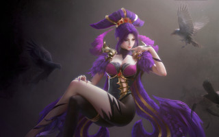 Purple hair bird sitting fan - her shoulder and a bird free wallpaper