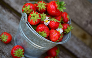 Strawberry bucket flowers wooden table - strawberry free wallpaper