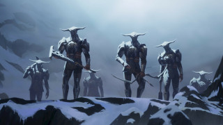 Horned men mountain top foggy - mars ravelo and greg rutkowski free wallpaper