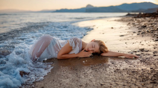 Woman beach white dress relaxing - artur tarnowski free wallpaper