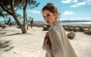 Woman beach tree water bridge - a tree and a body of water free wallpaper