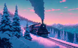 Snowy forest train pink sky - a train traveling free wallpaper for desktop