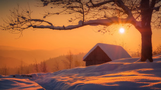Snowy landscape barn sunset autumn - warm free wallpaper