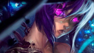 Purple hair glowing eyes cyberpunk - a blue light free wallpaper