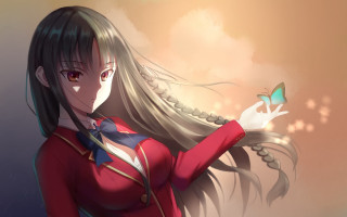 Woman long hair butterfly red - a red shirt holding free wallpaper