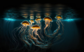 Jellyfish ocean bioluminescence blue yellow - a yellow light free wallpaper for desktop