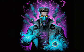Man gasmask blueflames cyberpunk glow - a gas mask free wallpaper