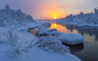 River snowy rocks trees sunset 2 - rock and trees free wallpaper