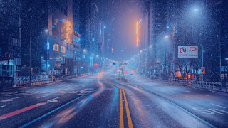 City street night cyberpunk snow - a few car free wallpaper