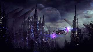 Futuristic city spaceship night sky - chris moore free wallpaper