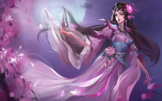 Pink dress woman flower moon - a white object free wallpaper