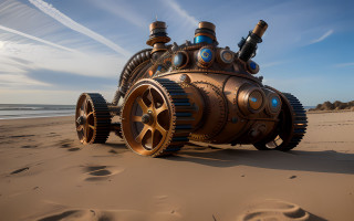 Steampunk mechanical beach ocean clouds - mechanical free wallpaper