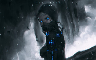 Futuristic woman blue eyes hooded - a snowy landscape free wallpaper for desktop