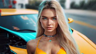 Yellow bikini sports car city - a digital painting free wallpaper