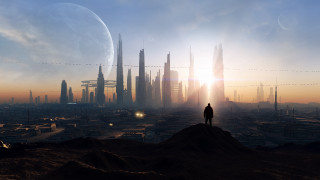 Hilltop cityscape moon retrofuturism matte - free sci-fi wallpaper
