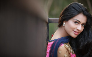 Woman pinkblue sari portrait jewelry - her right arm free wallpaper