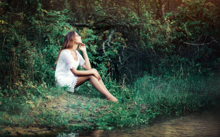 River forest woman white dress - magical realism free wallpaper