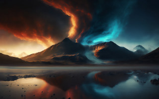 Mountain lake clouds orange blue - a painting of a mountain range free wallpaper