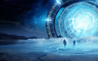 Two people blue object sky - free sci-fi wallpaper for desktop
