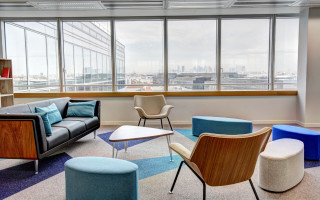 Cityscape indoor couch chairs table - ultra wide angle free wallpaper for desktop