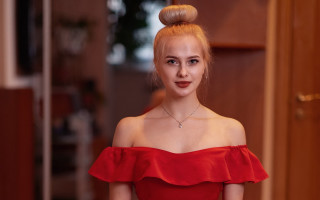 Woman bun red dress blue - her neck and a necklace free wallpaper