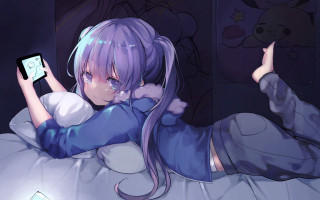 Anime girl bed cellphone cat - anime girl free wallpaper