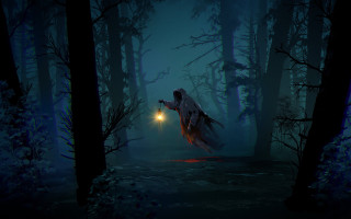 Ghostly figure lantern dark forest 2 - a lantern free wallpaper
