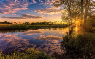 Sunset river trees grass clouds 2 - free summer wallpaper for desktop